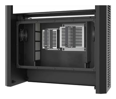 Peerless-AV Outdoor-Kiosk KOP55XHB2-EUK, geöffnete Gerätekammer mit Lüfter und Kühlkörpern