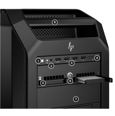 HP Z8 G5 Workstation, Anschlüsse und Laufwerksschächte an der Vorderseite