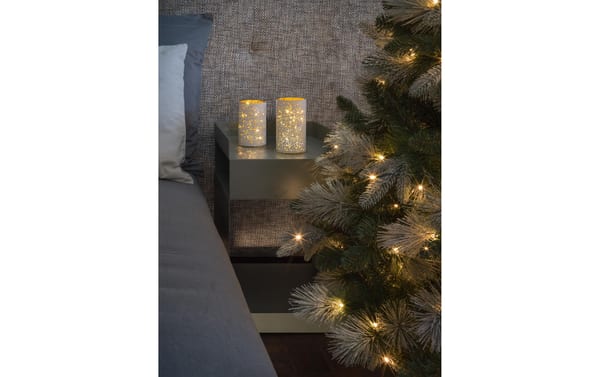 STT Windlicht Stars weiss M 12LED, ww, D9 x H16cm, Timer 6/18