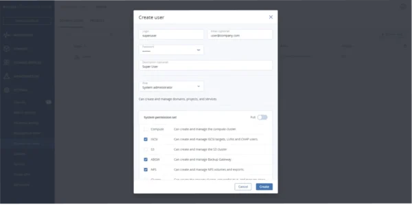 Acronis Cyber Appliance 15031 HW+SW 1yr Subscription 31TB - Mediatech Acronis Cyber Infrastructure, Dialog zum Anlegen eines Benutzers