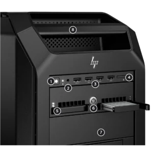 HP Workstation Z8 G5 TWR 5E8Y0EA XEON GOLD 6530 4x32GB 2TB W11P RTX A4000 - Mediatech HP Z8 G5 Workstation, Anschlüsse und Laufwerksschächte an der Vorderseite
