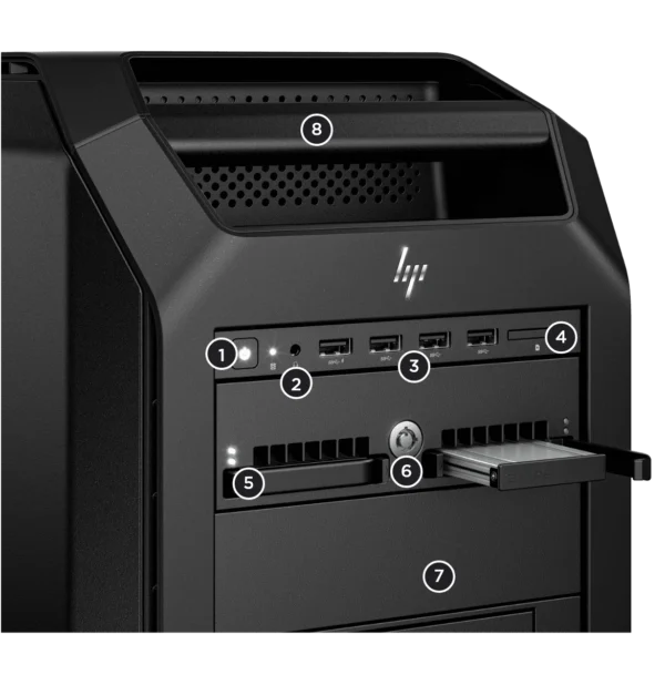 HP Workstation Z8 G5 TWR 5E8Y0EA XEON GOLD 6530 4x32GB 2TB W11P RTX A4000 - Mediatech HP Z8 G5 Workstation, Anschlüsse und Laufwerksschächte an der Vorderseite