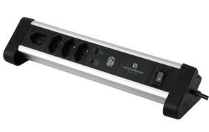 Schönenberger ALU Tisch-Steckdosenleiste 4xT13, 1xUSB-A, 1xUSB-C, sz/alu, 2m Kabel