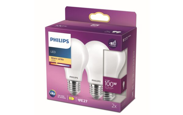 Philips LED Lampe 10.5W (100W) 2er Pack, E27, A60, 1521lm, 2700K, matt