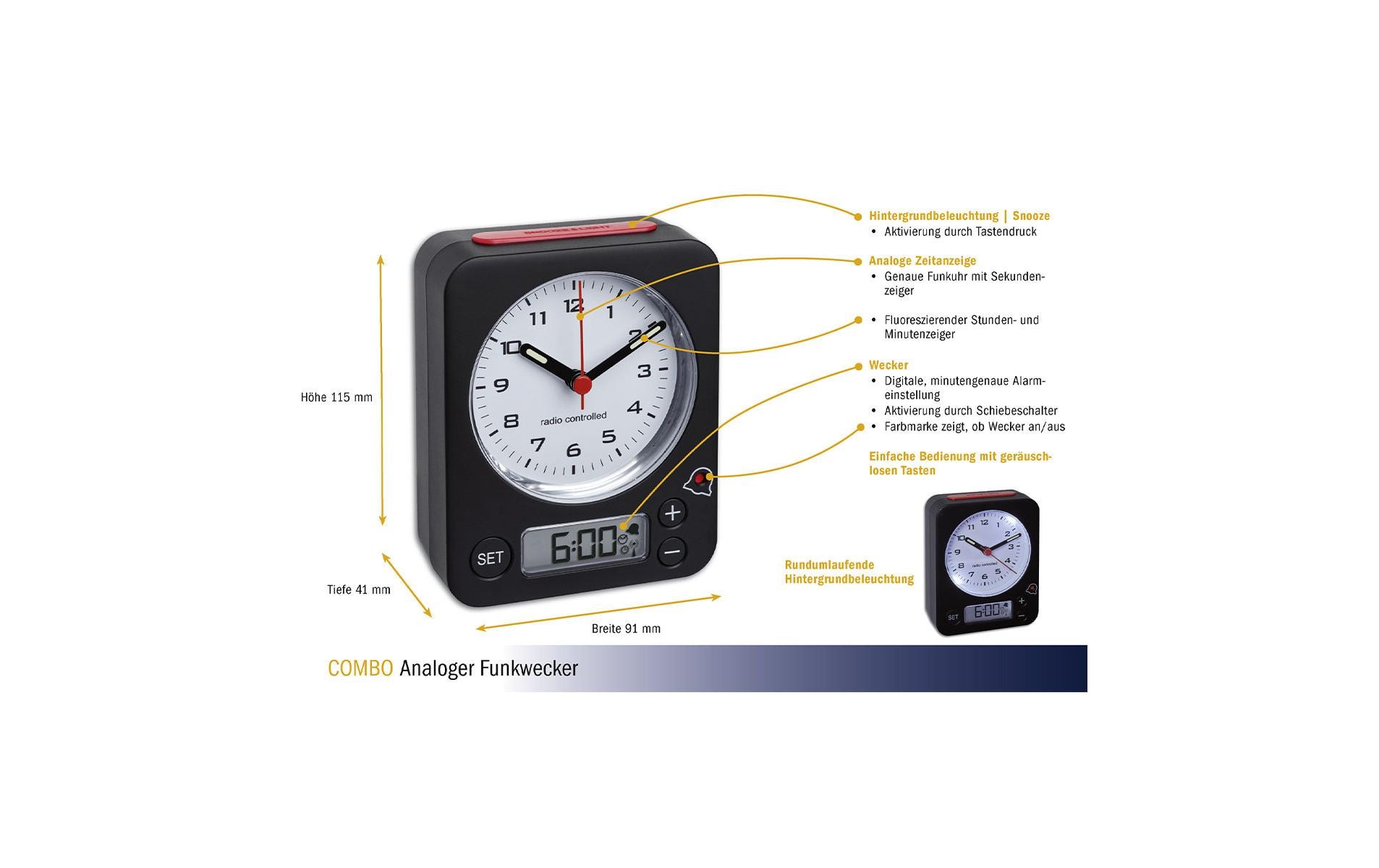 1093705_1 - Mediatech COMBO Funk-Wecker schwarz gelb ohne Batterie