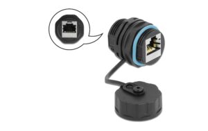 Delock Cat.6A Verbindungsmodul, geschirmt RJ45 zu RJ45 Buchse, IP67, blau, Kappe
