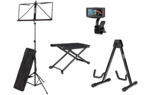 Bemero Akustikgitarren Beginner-Bundle Gitarren- & Notenständer, Fussbank, Tuner