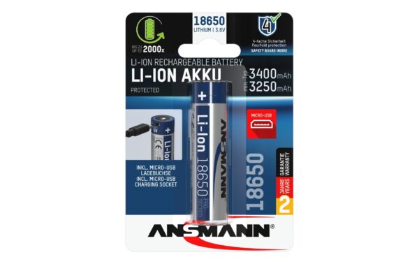 1121016 - Mediatech Ansmann Akku Li-Ion 18650 3500 Micro-USB min. 3350 mAh, 3.6V, 12.6 Wh, Micro-USB