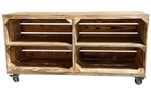 Holz Zollhaus Vintage Regal auf Rollen geflammt, Kiefer, 100x30x50 cm, FSC 100%