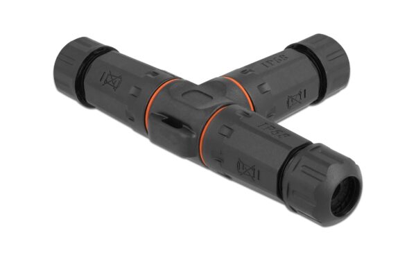 Delock Kabelverbinder Outdoor, 3Pin T-Form IP68, wasserdicht schraubbar, 4.5-7.5mm