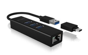 ICY BOX IB-HUB1419-LAN, 3x USB3.0 Hub+LAN mit integriertem Kabel