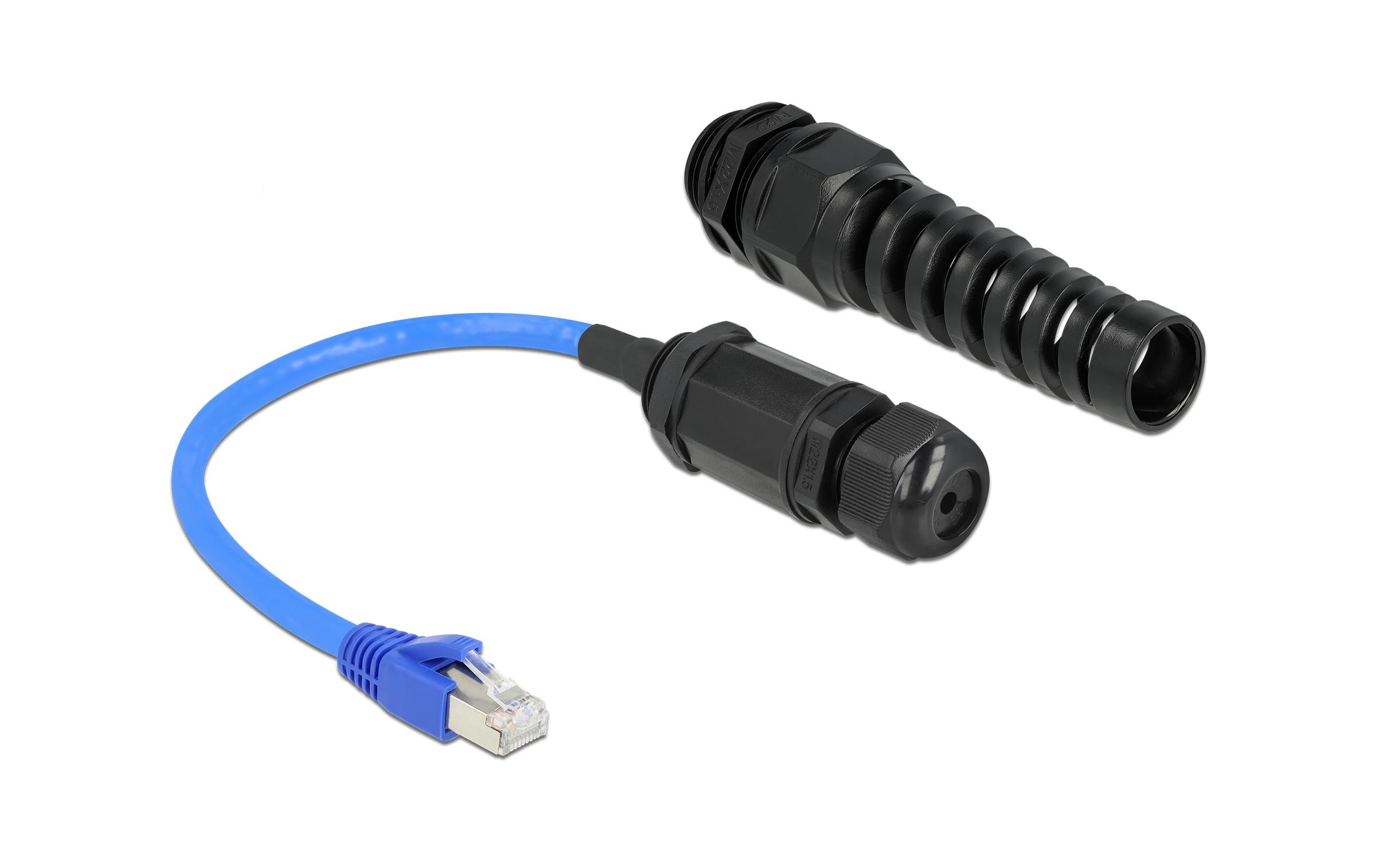 1247951 - Mediatech Delock Patchkabel: S/FTP, Cat.6, 25cm, blau IP68, wasserdicht, Verlängerung,Knickschutz