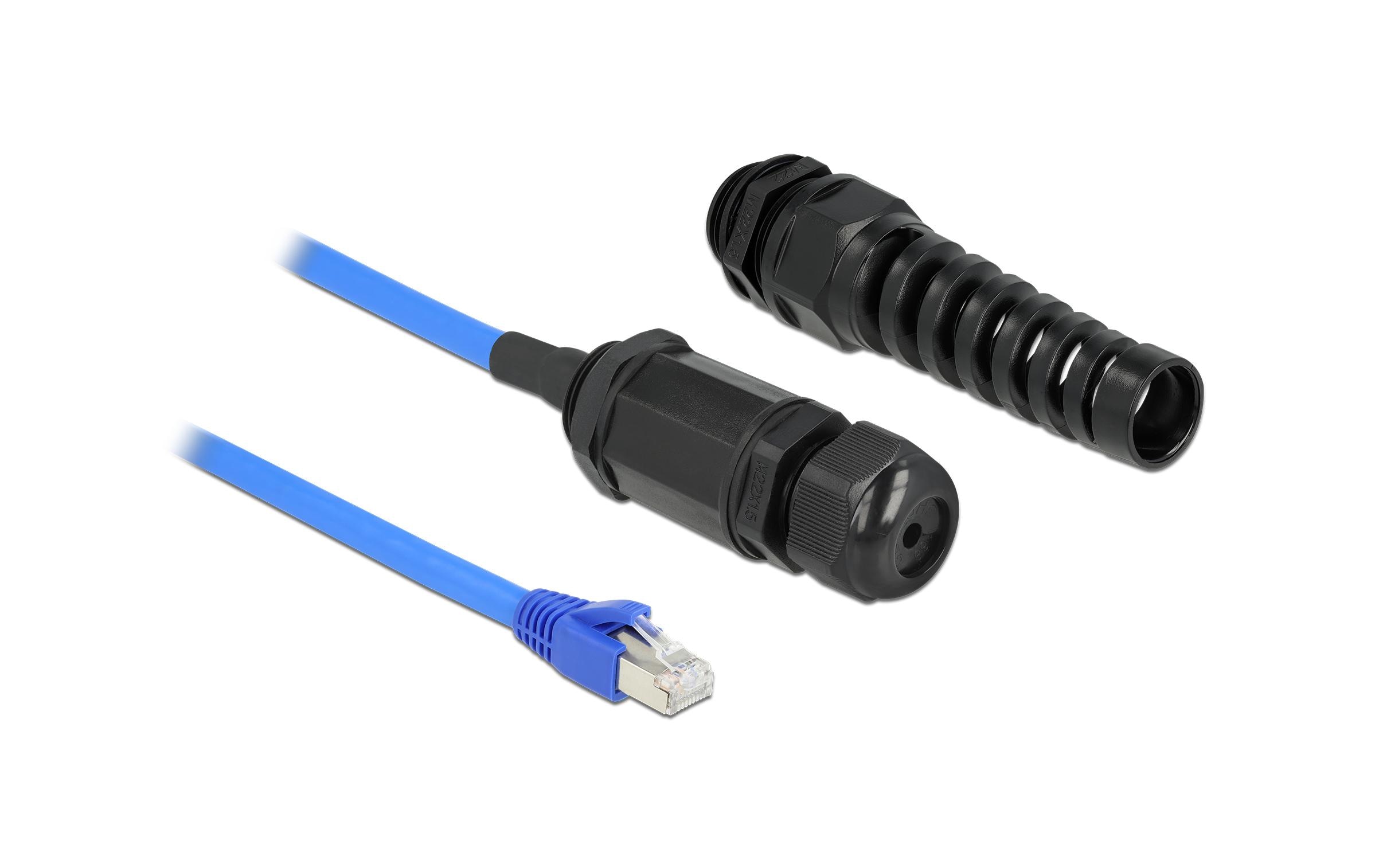 1247951_1 - Mediatech Delock Patchkabel: S/FTP, Cat.6, 25cm, blau IP68, wasserdicht, Verlängerung,Knickschutz