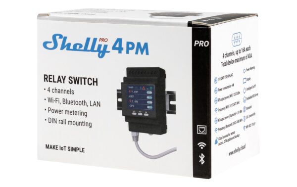 Shelly Pro 4PM LAN und WiFi-DIN-Rail Switch LAN und WLAN 4 Kanal Schaltaktor, Bluetooth
