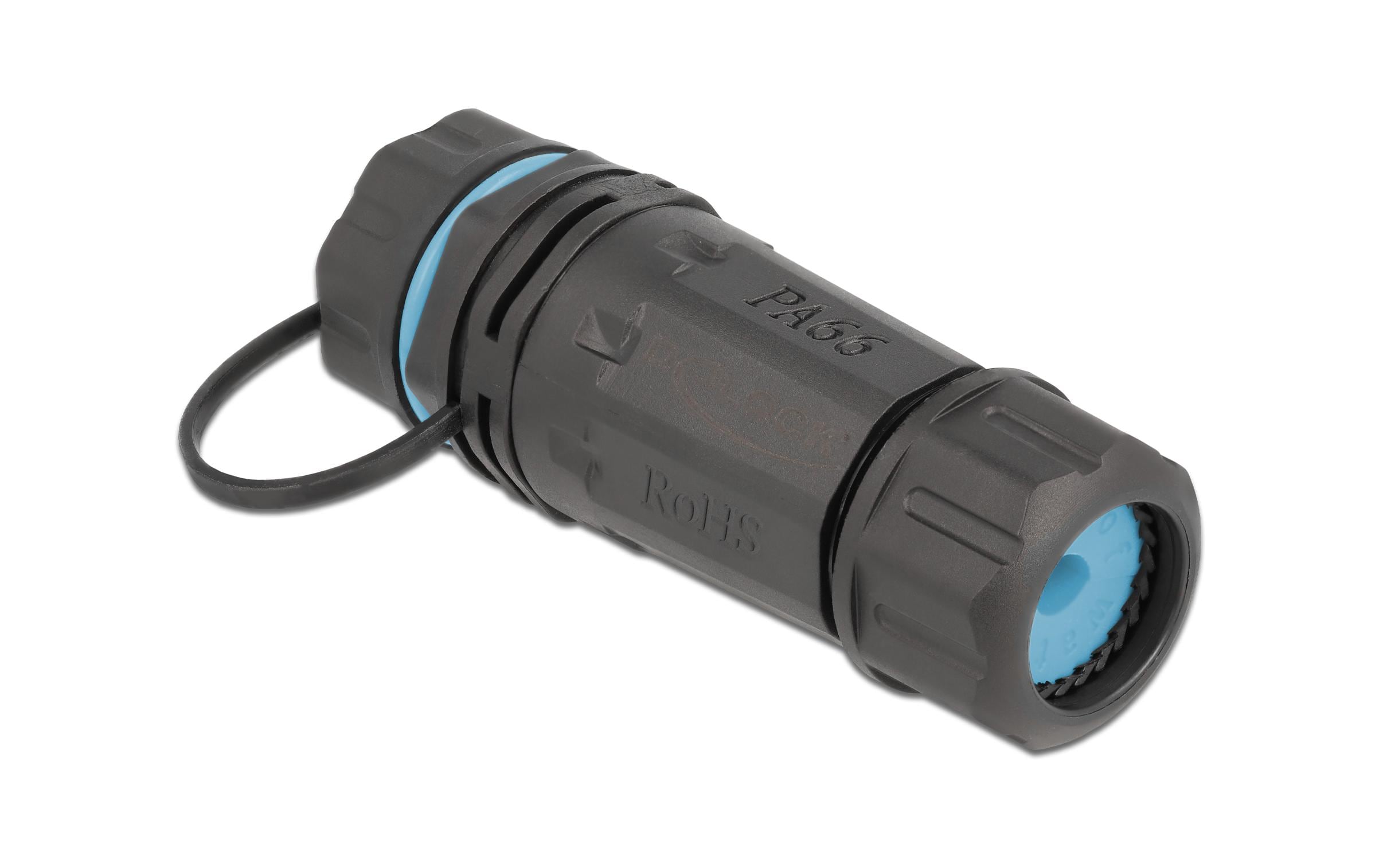 Delock Cat.6A mit Gehäuse&Verschlusskappe RJ45 zu RJ45 Buchse, wasserfest, blau