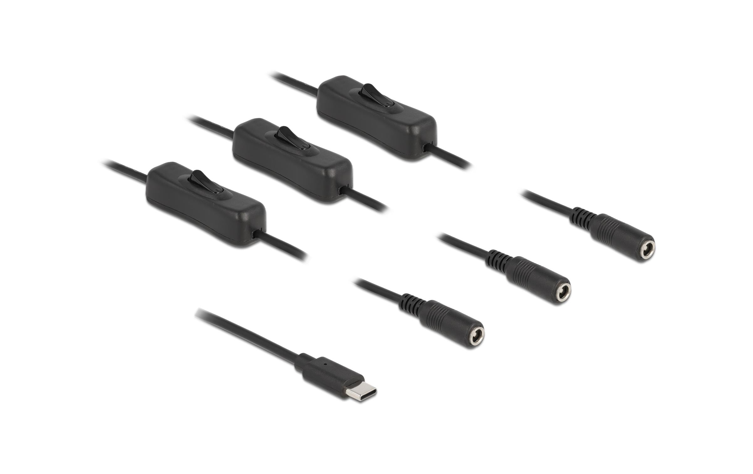 Delock USB-C Stecker zu 3x DC 5.5x2.1mm,1m Mit Schalter,Stecker zu Buchse,1m,Schwarz