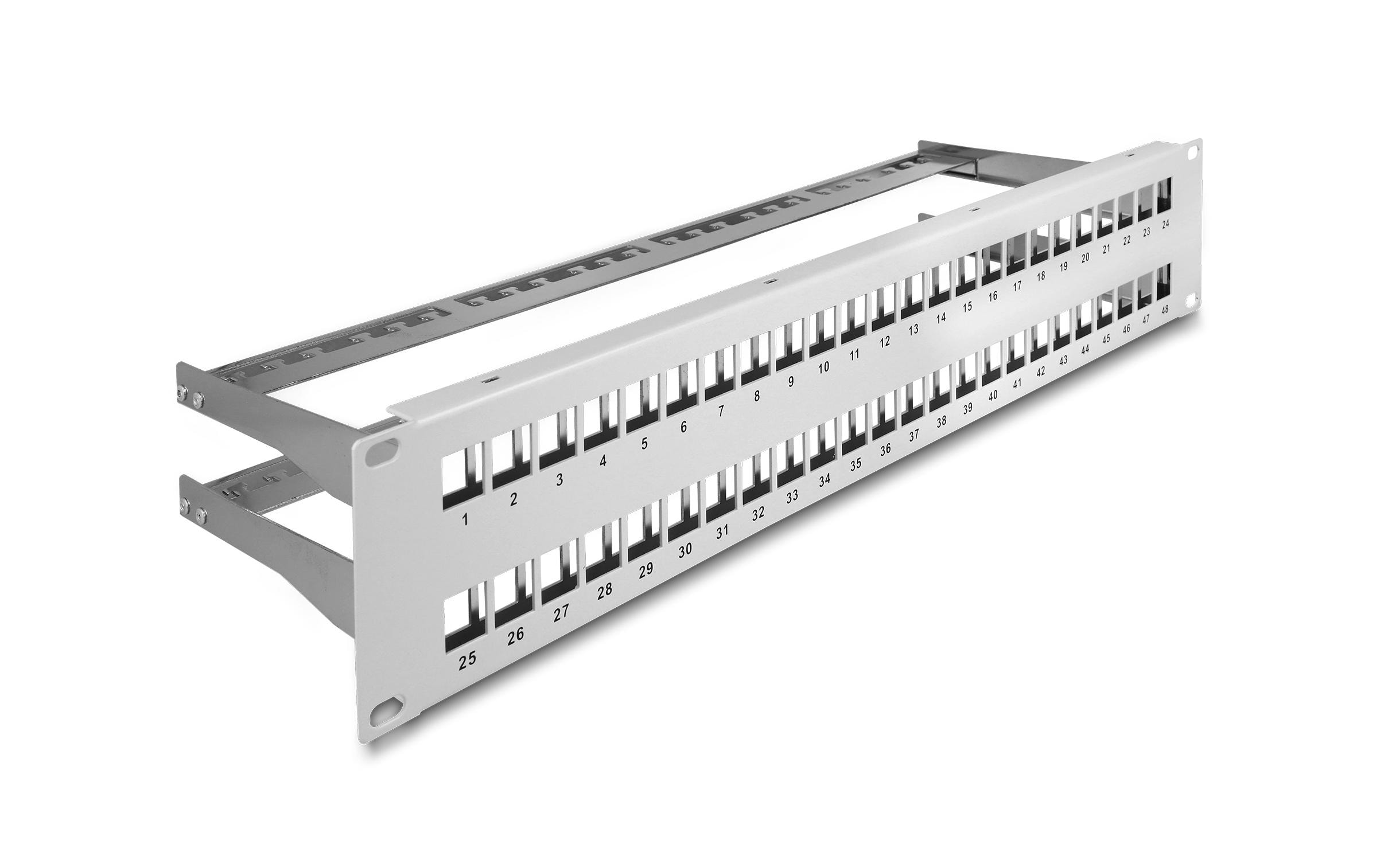 Delock 19 Keystone Patchpanel mit Entlastungsschiene, 48 Port, 2 HE, grau