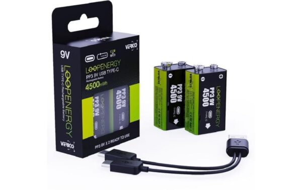 1523728 - Mediatech Verico LoopEnergy 9V-Block 500mAh, USB-C Anschluss, 2 Stück