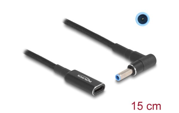 Delock Ladekabel USB-C zu HP 4,5x3mm Buchse zu Stecker, 90° gewinkelt, 15cm
