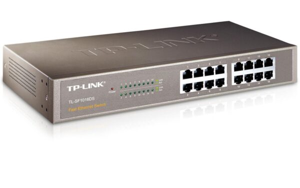 153989 - Mediatech TP-Link TL-SF1016DS: 16Port Switch, 100Mbps int. NT, lüfterlos, Rackmount Stahlgehäuse kaufen Schweiz | Mediatech.ch