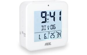 ADE Funkwecker Weiss, Nachtlichtsensor 8x3.3x8 cm, Kunststoff, Temperaturanzeige