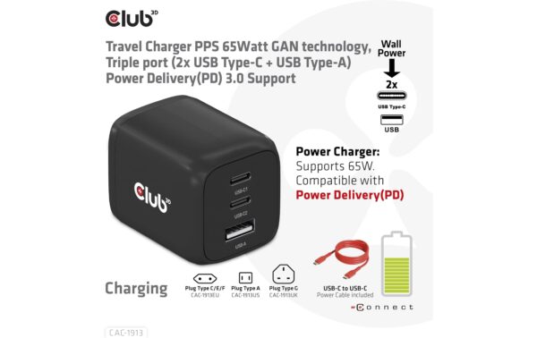 1676271_2 - Mediatech Club 3D, Reiseladegerät PPS 65Watt GAN 2x USB Typ C, 1x USB Typ A, PD