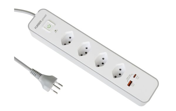 F.power Steckdosenleiste USB + 4xT13 1.5m 10A/250V, H05VV-F 3G1.00, grau-weiss