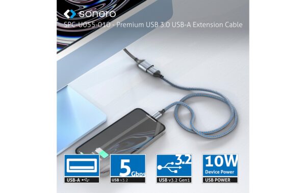 Sonero USB-A - USB-A Verlängerung, 1.5m Nylon Mantel, USB 3.0, 5Gbps