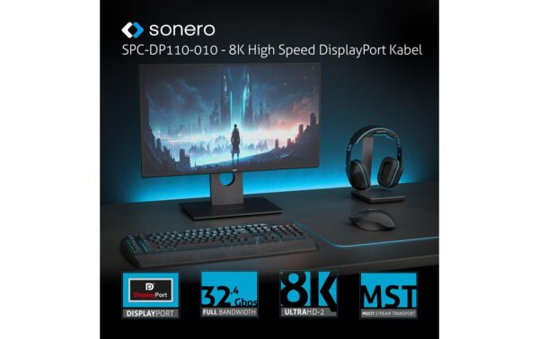 Sonero 8K Displayport 1.4 Kabel, 2.0m Nylon Mantel, 8K/60Hz