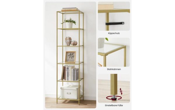 1853527_6 - Mediatech Vasagle Regal Gold mit 5 Glasablagen 40x30x177.3 cm, Tragslast pro Ablage 10 kg