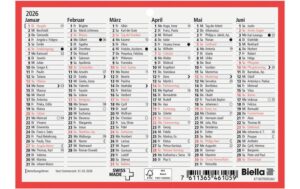 Biella Wandkalender 2026 A6 6 Monate pro Seite