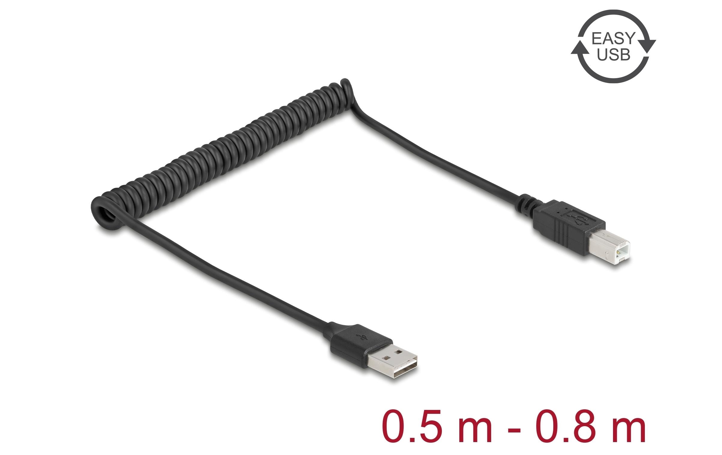 1880436_1 - Mediatech Delock USB2.0 Spiralkabel A-B, 50-80cm EASY USB, beidseitig einsteckbar, schwarz