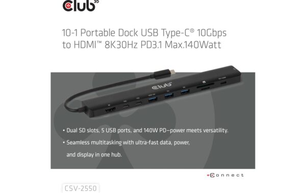 Club 3D, Dockingstation USB Type-C10Gbps, 1 Ausgang: Type-C und A, RJ45, SD-Micro