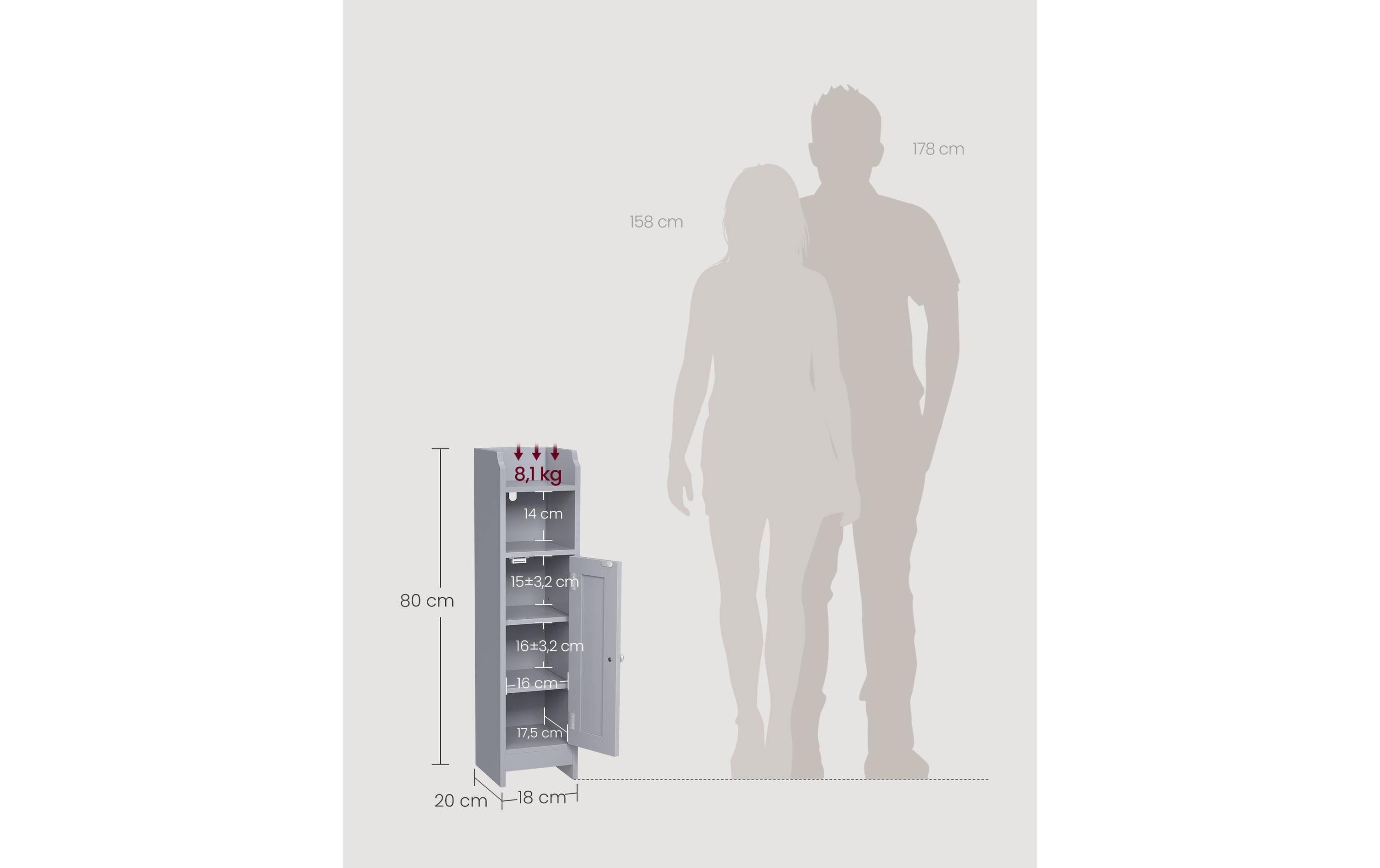 1920923_4 - Mediatech Vasagle Schrank schmal mit Tür, Grau 18x20x80 cm (LxBxH), 2 ABlagen,1 Schranktür