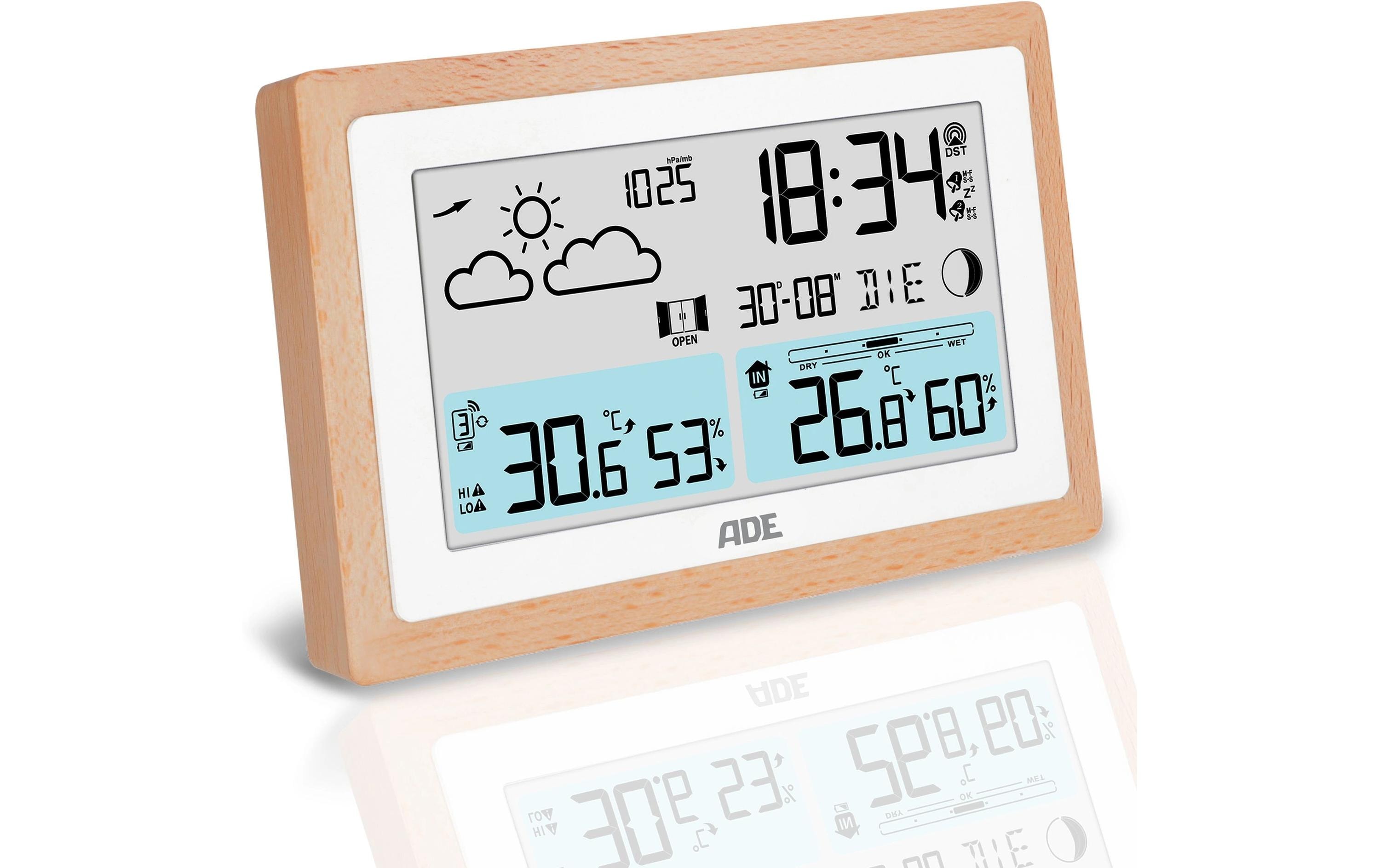 ADE Wetterstation mit Funk-Aussensensor Holz/weiss, mit DCF-Funkuhr inkl. Netzteil kaufen Schweiz | Mediatech.ch