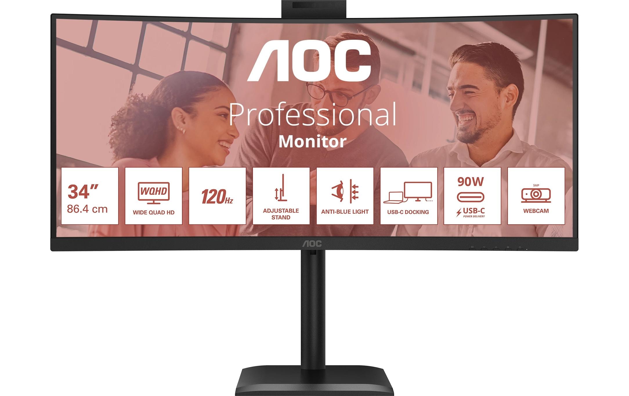1950912 - Mediatech AOC 34 CU34E4CW, 3440x1440, 120Hz DP, HDMI, USB, RJ45, PD90W, Cam, Speakers kaufen Schweiz | Mediatech.ch