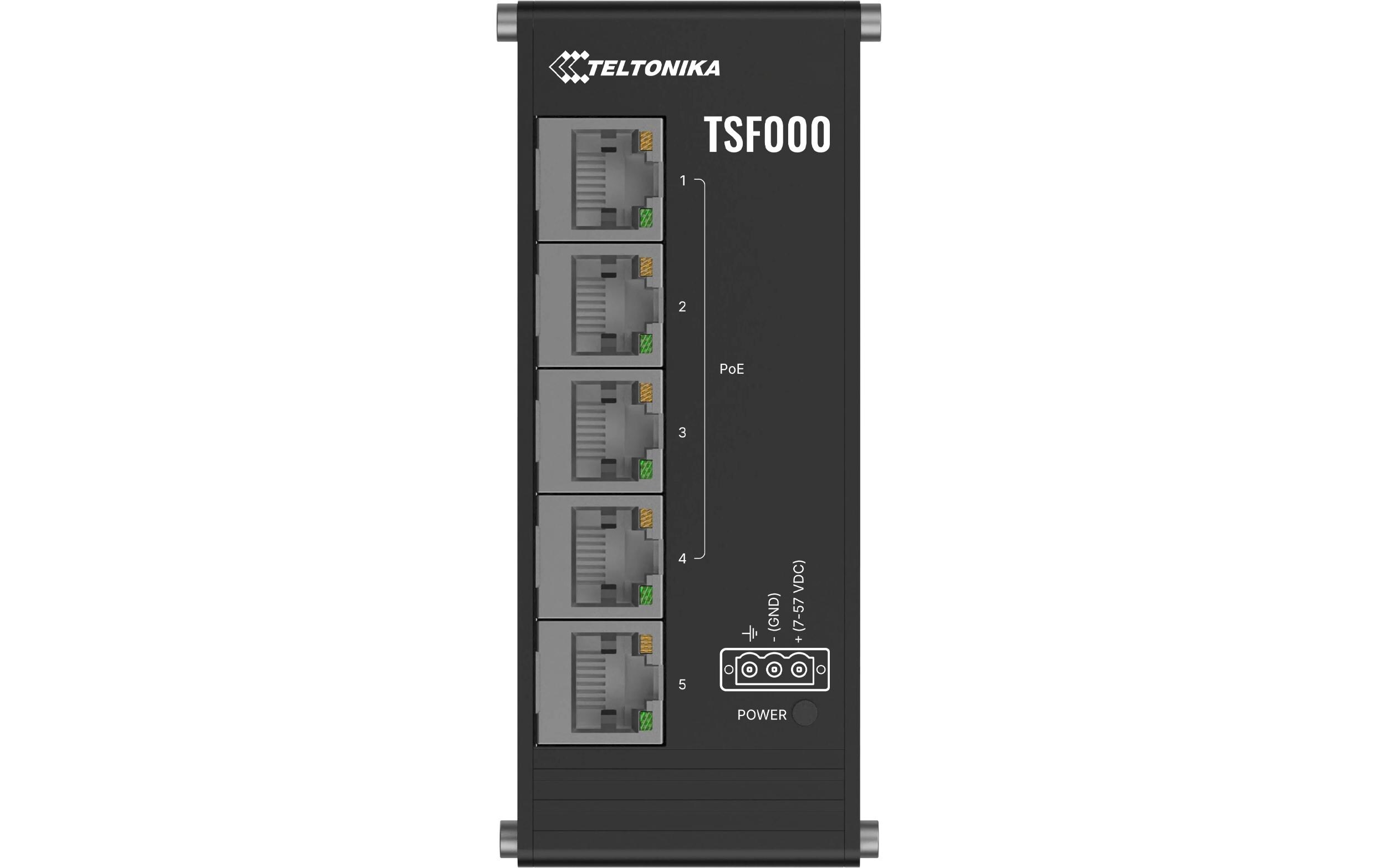 2017577_1 - Mediatech Teltonika TSF000 5Port PoE+ Industrieswitch Low Profile, 100MBps, 7-57V DC, 120W