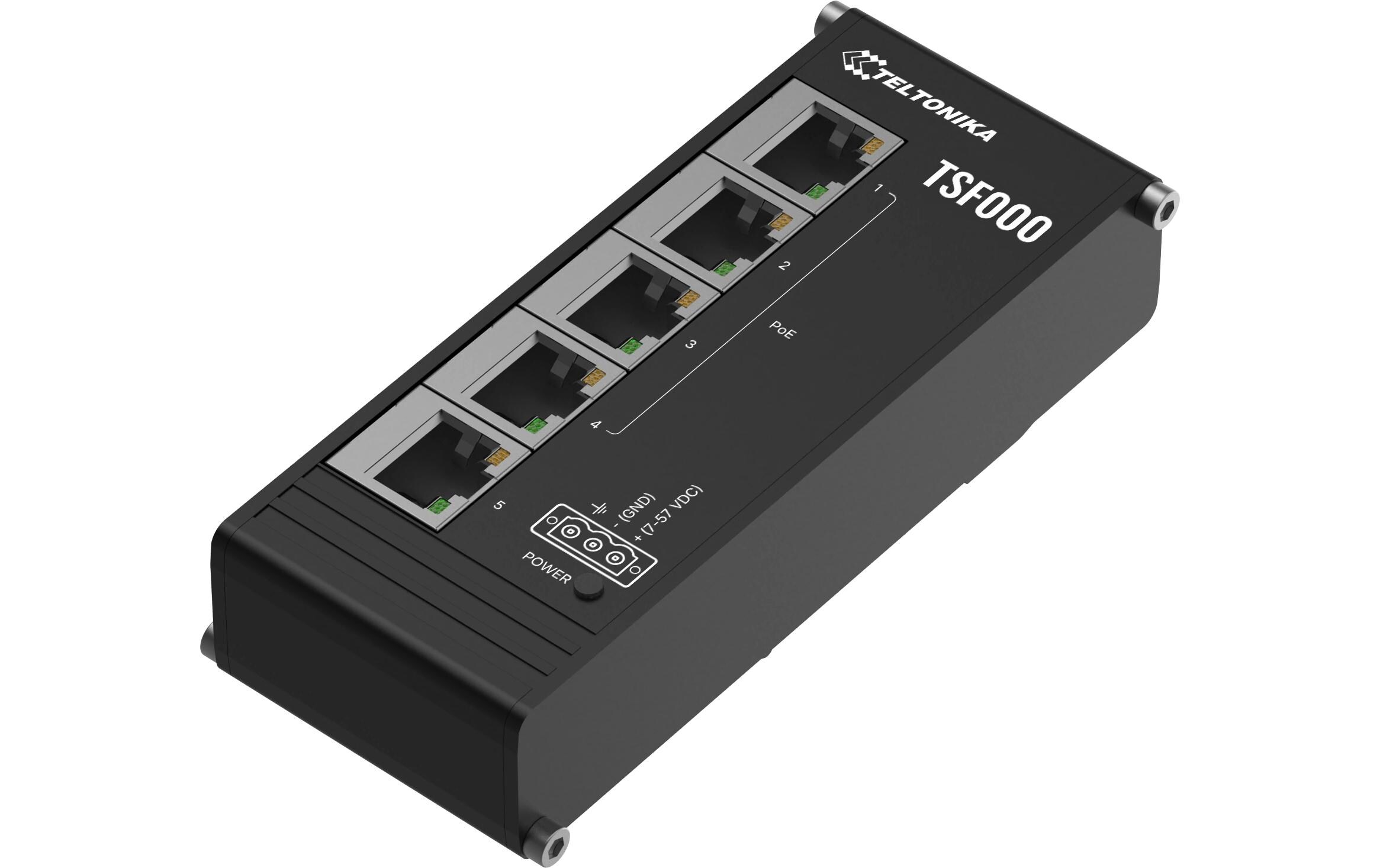 2017577_2 - Mediatech Teltonika TSF000 5Port PoE+ Industrieswitch Low Profile, 100MBps, 7-57V DC, 120W