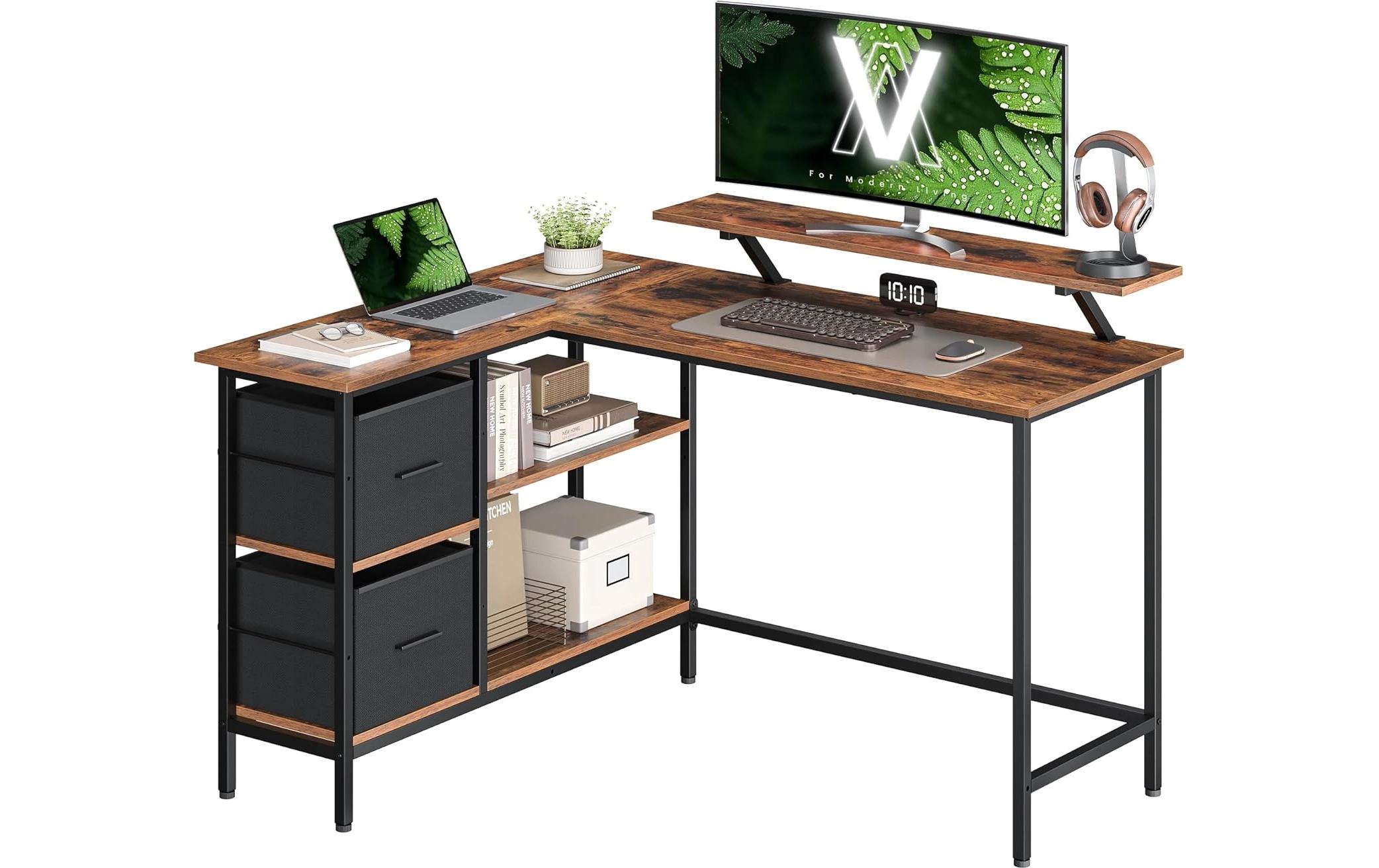 2035087 - Mediatech Vasagle Bürotisch braun-schwarz Ecktisch 135x105cm, 2 Schubladen, Aufsatz kaufen Schweiz | Mediatech.ch