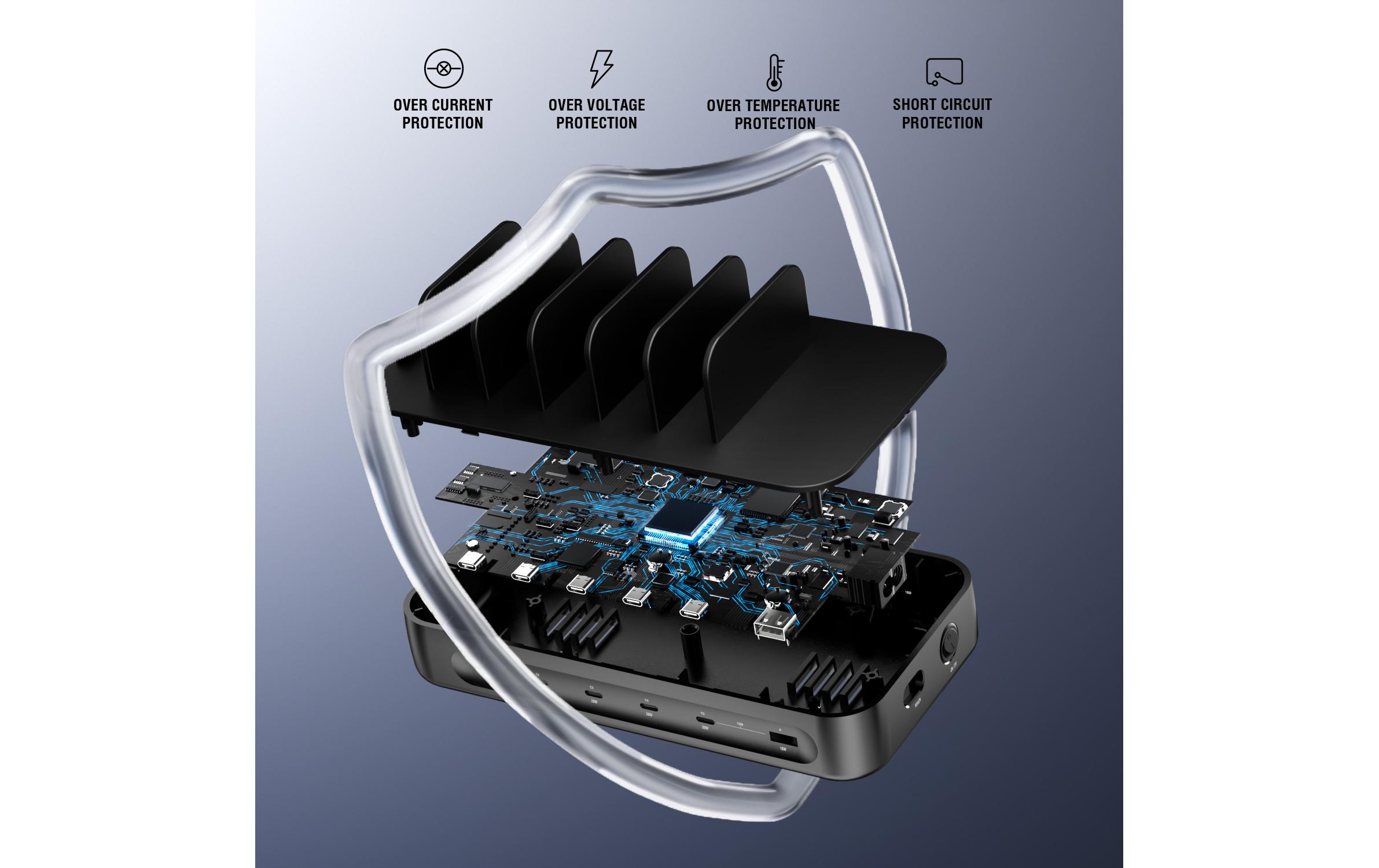 2090770_5 - Mediatech 4smarts Ladestation Team, Schwarz 100W, 5x USB-C, 1x USB-A, 6 Kabel