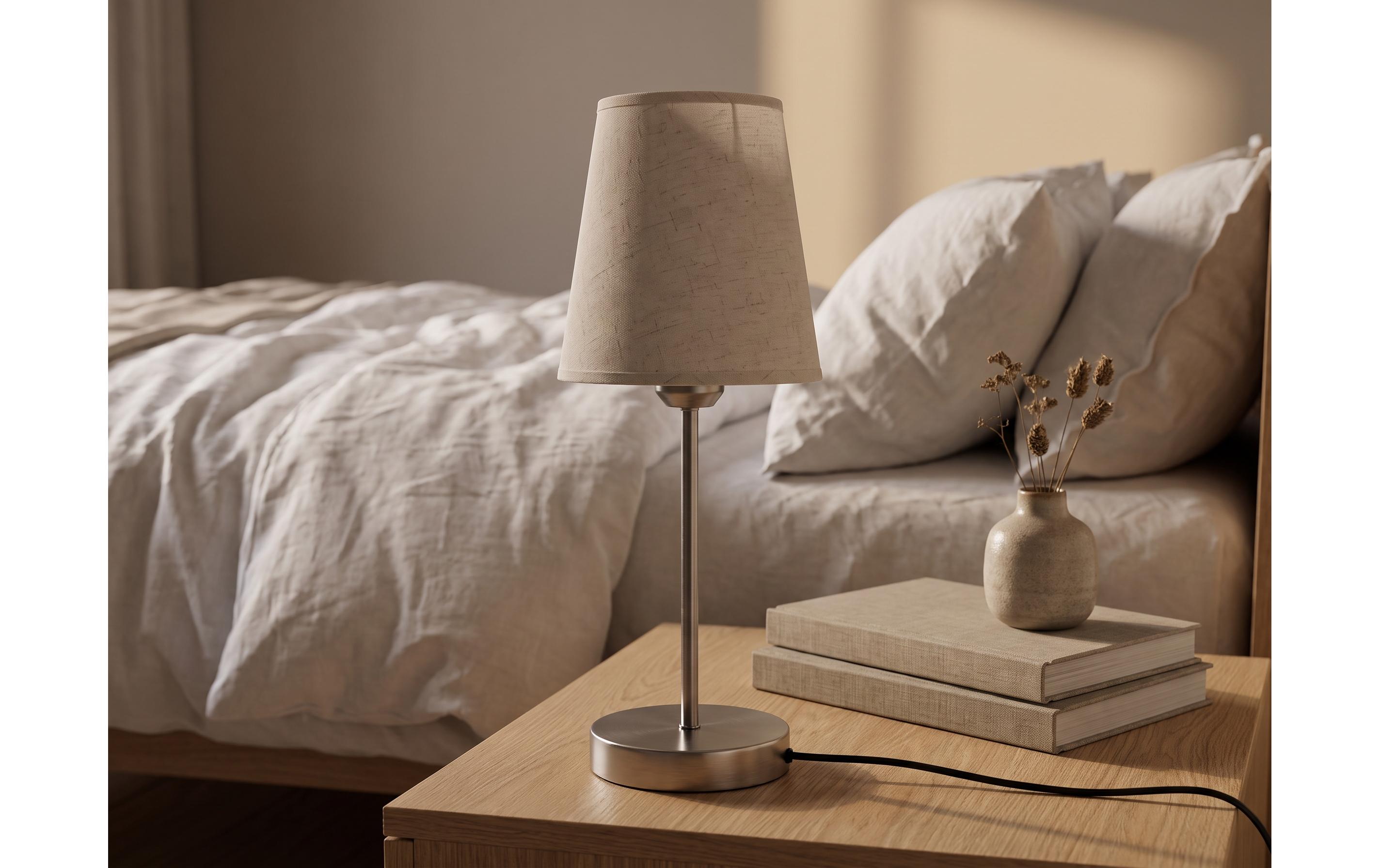2106715_1 - Mediatech cocon Beistelltischlampe, rund, nickel/linen 3-fach dimmbar, ohne E27, max 20W