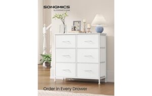 Songmics Kommode Weiss, 6 Schubladen 76.7x30x73.7 cm, MDF, Spanplatte