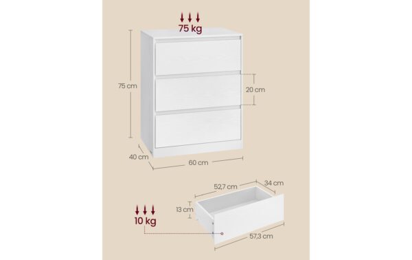 Vasagle Kommode 3 Schubladen, Weiss 60x40x75 cm, MDF, Spanplatte