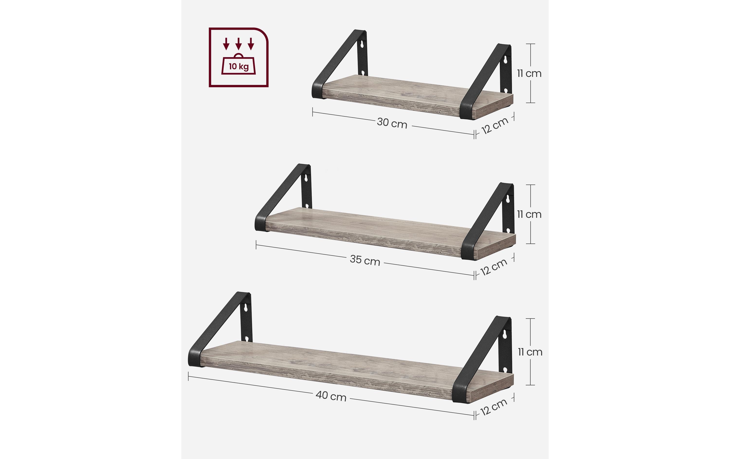 2109818_4 - Mediatech Vasagle Wandregal 3er Set 40/35/30x12x11 cm, Stahl, Spanplatte