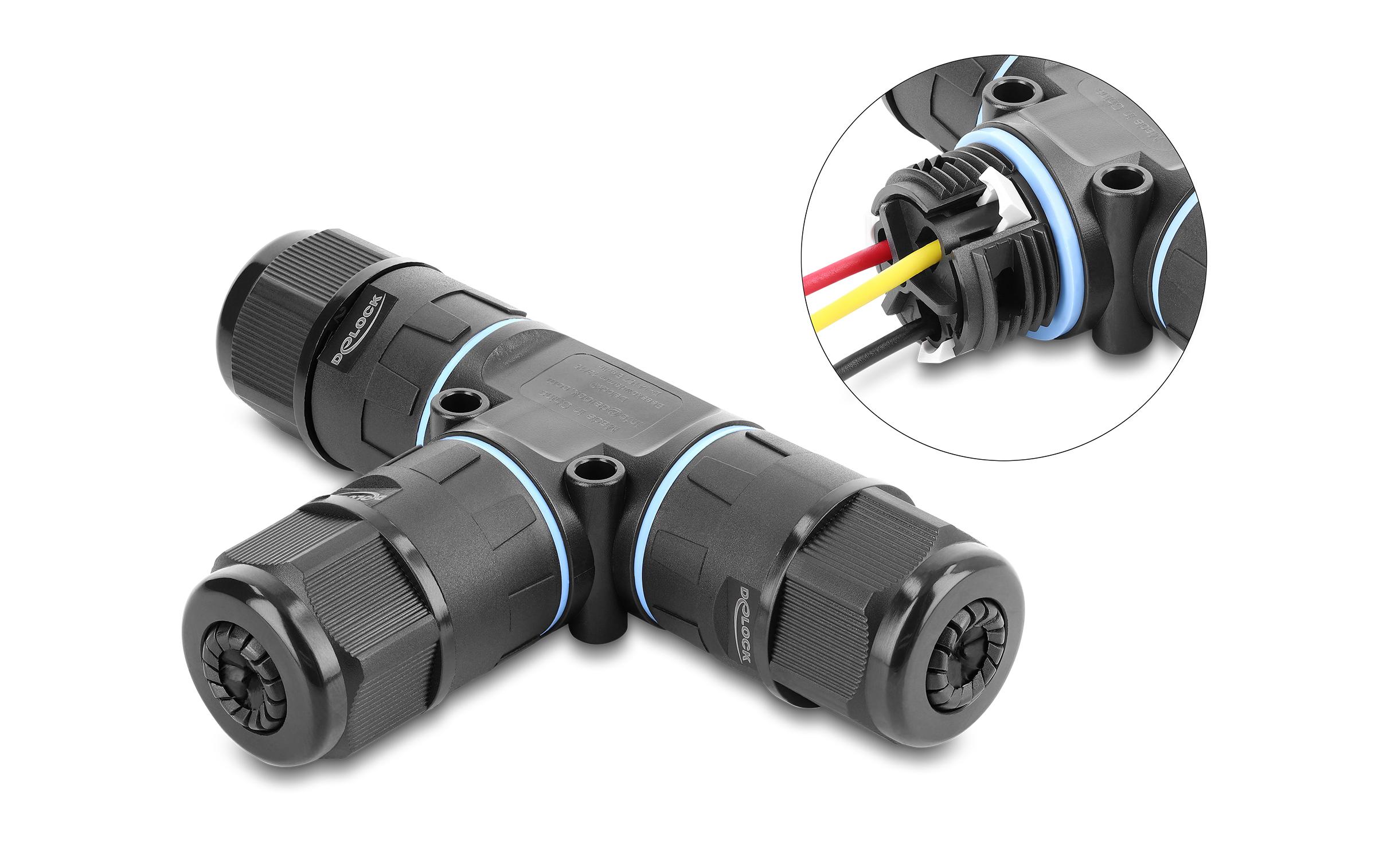 Delock T Kabelverbinder 3 Pin 3x Bu, T-Form zur Verschraubung, schwarz, IP68 kaufen Schweiz | Mediatech.ch