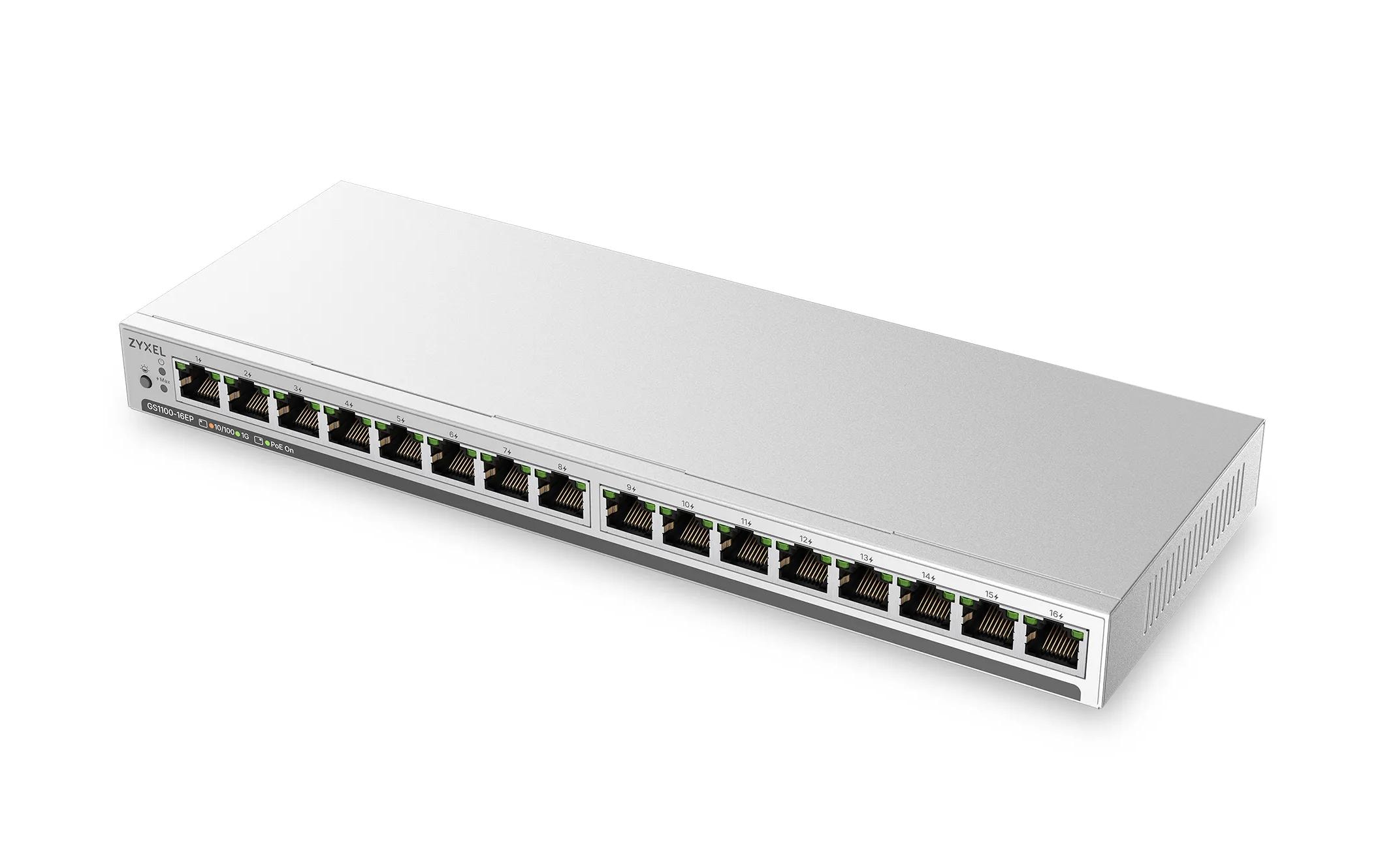 Zyxel GS1100-16EP: Gigabit PoE+ Switch Slimline, unmanaged, PoE+ kaufen Schweiz | Mediatech.ch