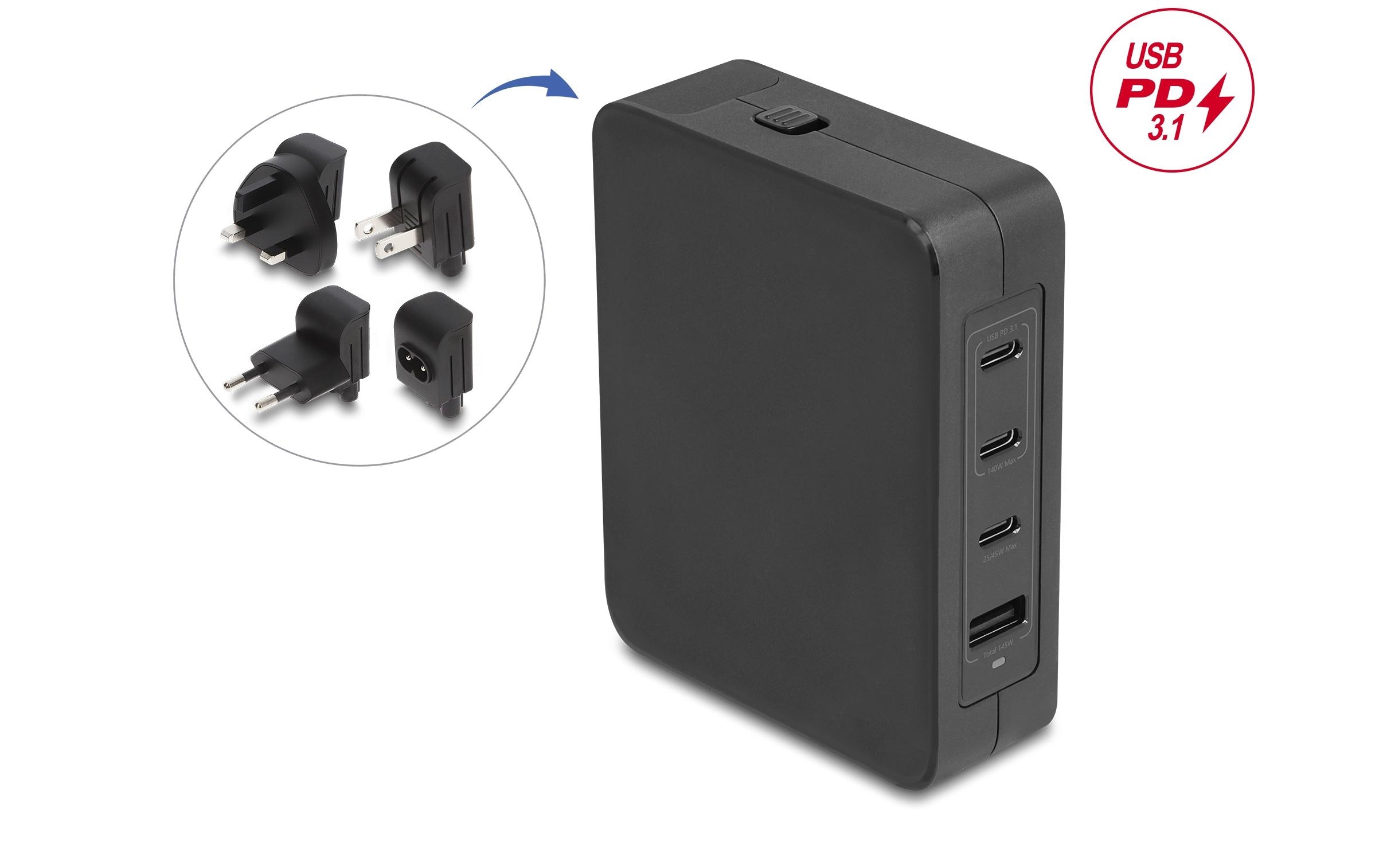 Delock GaN Ladegerät 3x USB-C PD 3.1, 1x USB-A, 145 W, inkl. kaufen Schweiz | Mediatech.ch