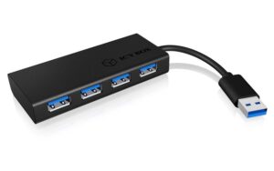ICY BOX IB-AC6104-B, 4x USB3.0 Hub, schwarz mit integriertem Kabel, Plug & Play