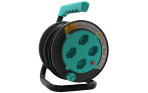 Kabelrolle 15 m, 4x T13 Steckdose, türkis mit Plastikhandgriff, 3x 1.5 mm2