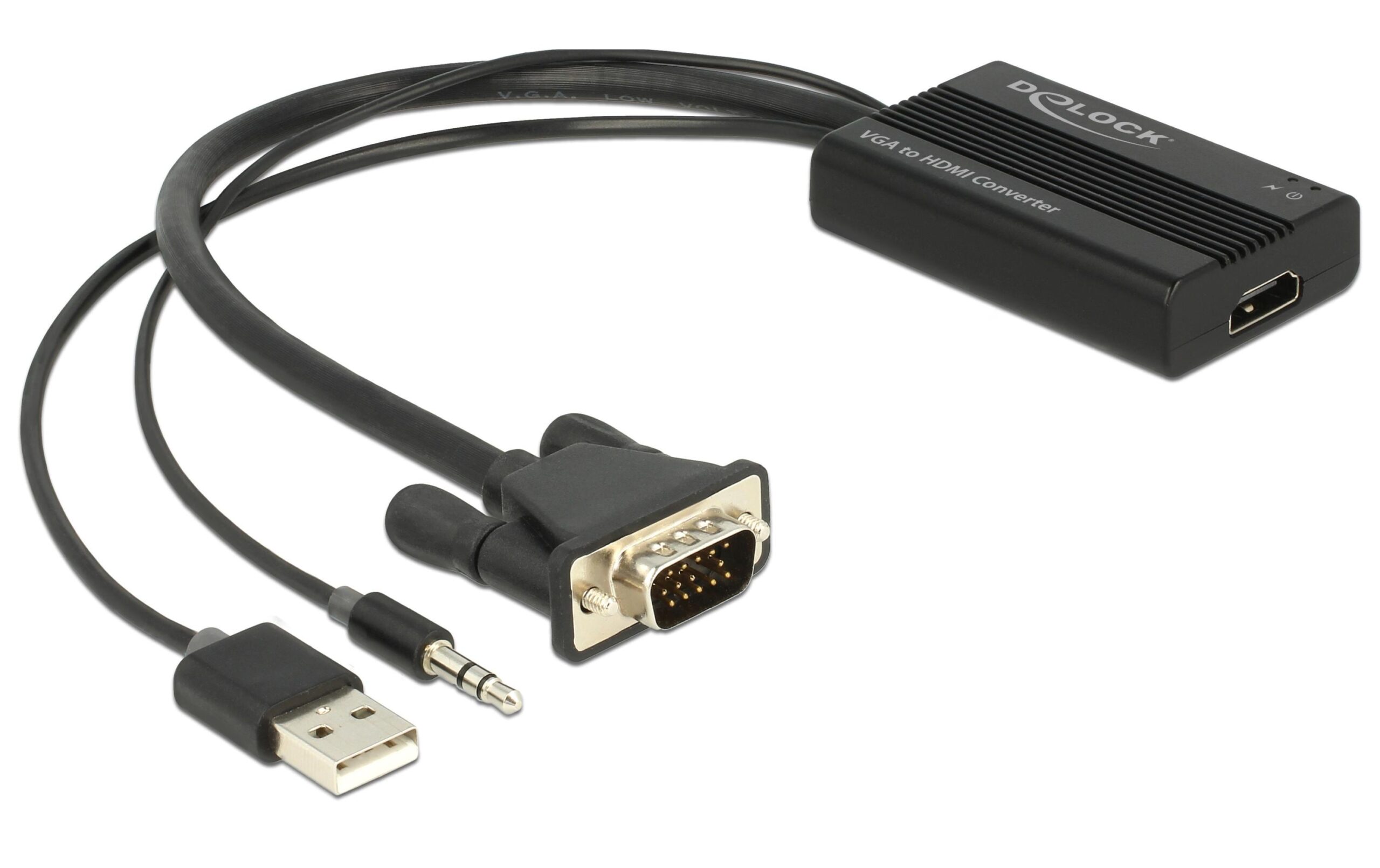 Delock VGA zu HDMI Konverter mit Audio 25cm 1080p, mit Audio, Stromversorgung über USB